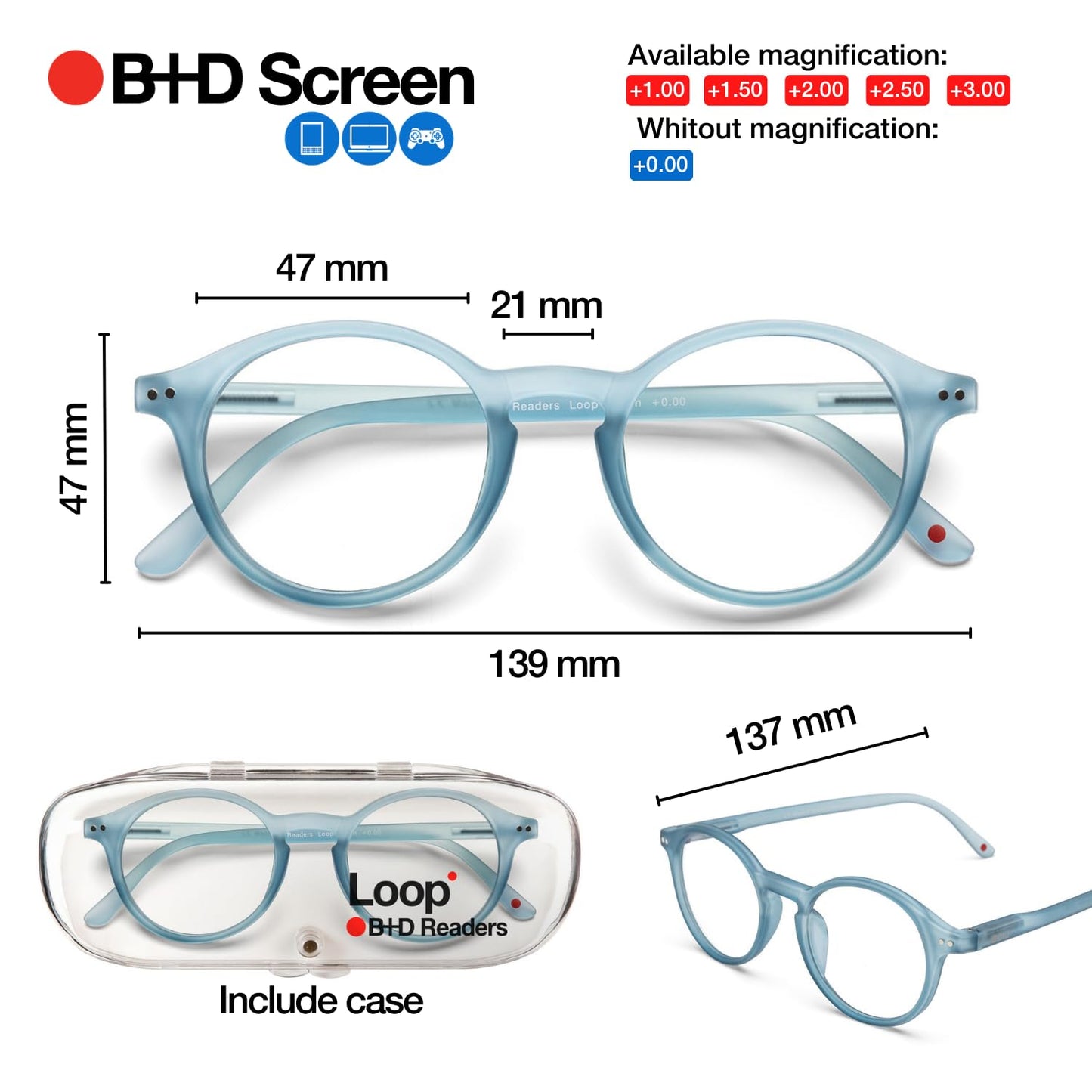 Blue Light Bloking Reader Glasses Loop Readers PC Soft Touch Blue Color - +1.50
